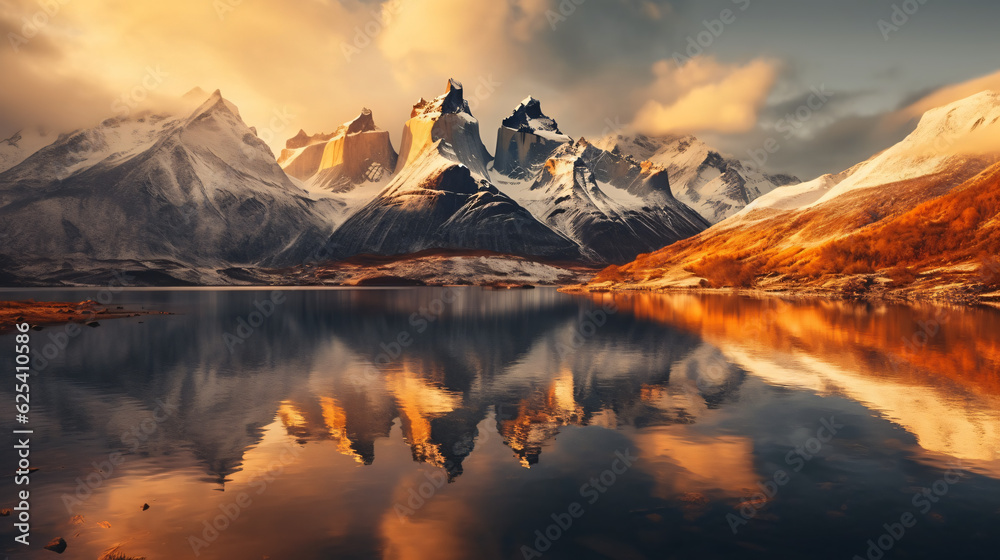 A breathtaking minimalist wallpaper of a majestic mountain range reflected in a crystal-clear lake. Golden hours. Generative IA.