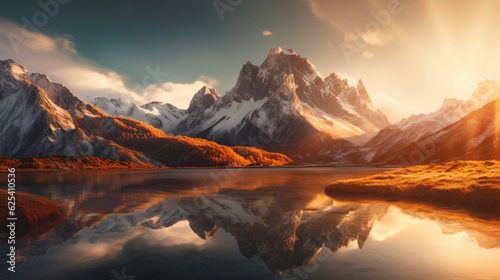 A breathtaking minimalist wallpaper of a majestic mountain range reflected in a crystal-clear lake. Golden hours. Generative IA. © NoOneSaid