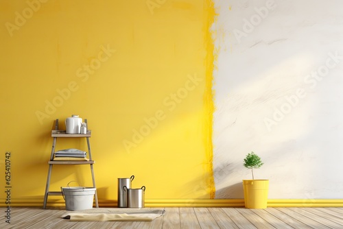 A painter is using a roller brush to apply yellow paint on the walls of an apartment during renovations, leaving a blank white space for writing descriptive text.