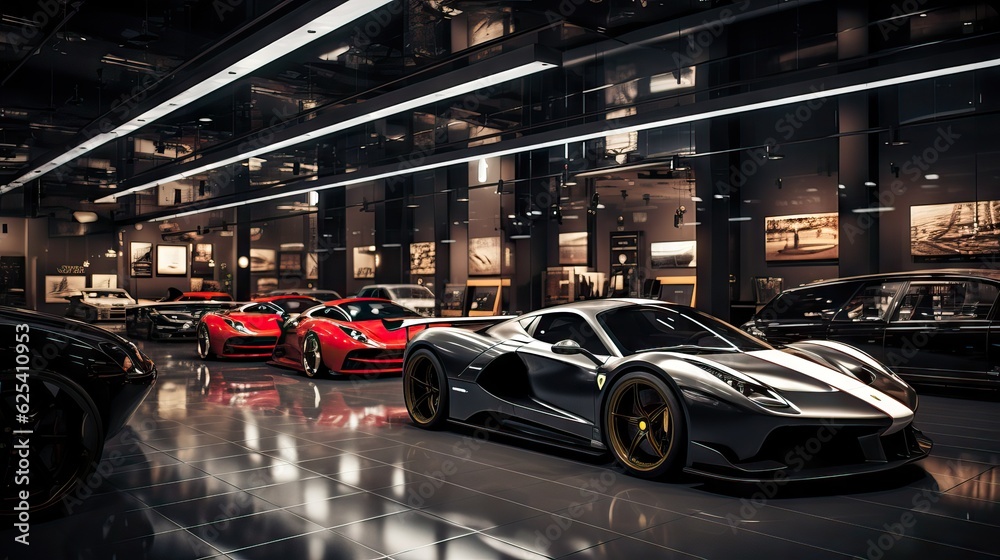 A shop selling luxury sports cars, showcasing sleek designs and superior performance. Generative AI