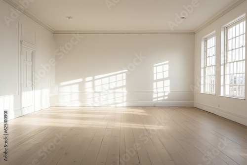 An unfurnished, white walled and ceilinged room with a wooden floor.
