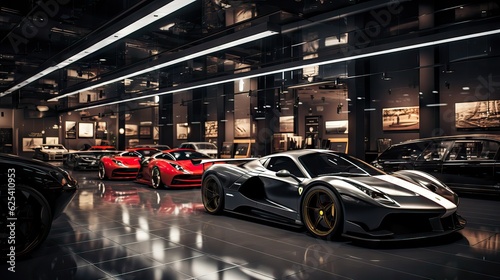 A shop selling luxury sports cars, showcasing sleek designs and superior performance. Generative AI