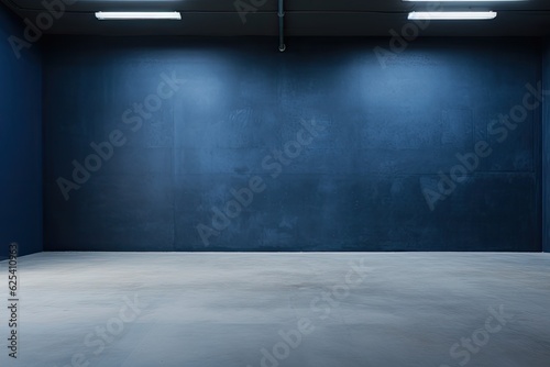 An unfurnished space with a concrete floor features a wall painted in a deep shade of blue. © 2rogan