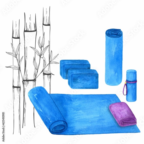 Yoga mat, water bottle, towel and other tools against the backdrop of painted bamboo. Watercolor hand drawn illustrations of various gym and yoga equipment isolated on white background.