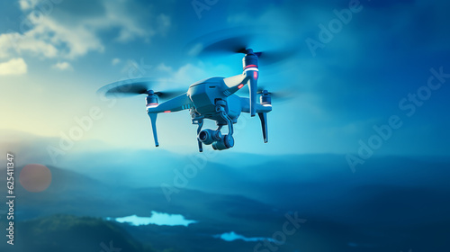 A drone flying high in the sky, capturing aerial images and surveying landscapes, highlighting the use of technology in data collection.Tech Background
