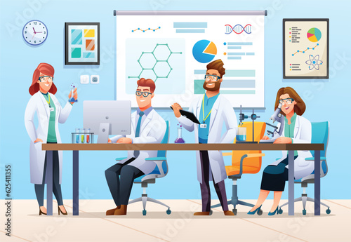 Group of scientists conducting experiments in science laboratory. Scientific research concept illustration