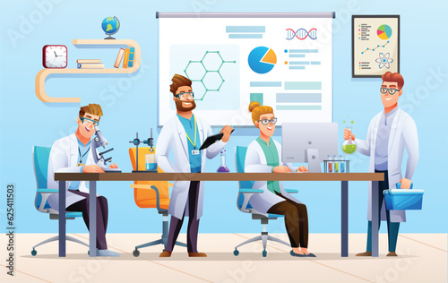 Group of scientists conducting experiments in science laboratory. Scientific research concept. Vector cartoon illustration