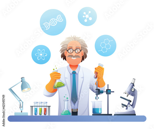 Scientist professor conducting experiments in science laboratory. Scientific research concept. Vector illustration