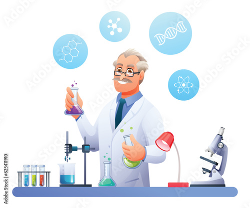 Senior scientist professor conducting experiments in science laboratory. Vector illustration © YG Studio