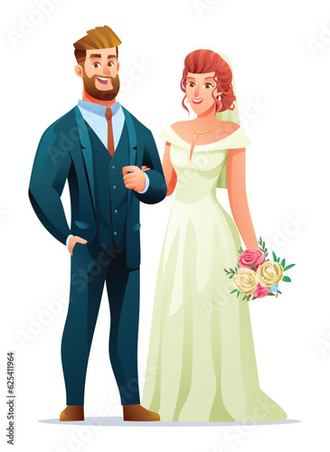 Illustration of wedding couple characters. Happy bridegroom in wedding dress. Bride holding bouquet