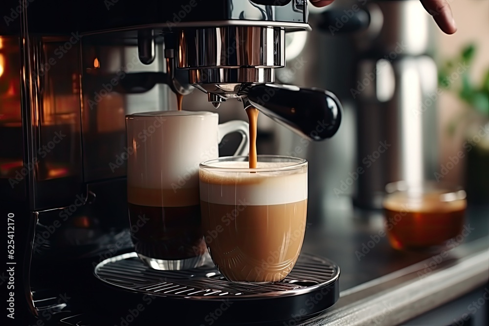 The expert coffee maker carefully poured milk into a cup while using brewing equipment and tools, creating a hot cup of coffee on the bar in their home kitchen. The expert coffee maker carefully poured milk into a cup while using brewing equipment and tools, creating a hot cup of coffee on the bar in their home kitchen.