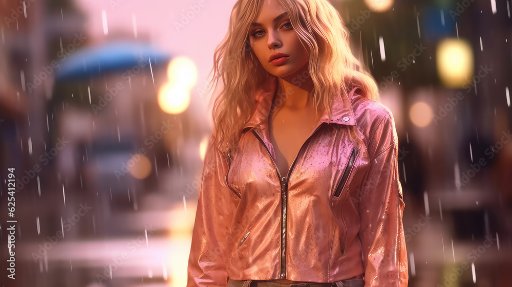 blonde in pink in the rain. blonde in pink in the rain.