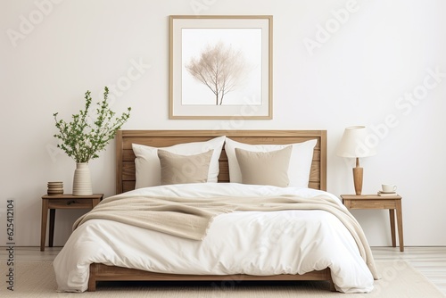 Real image of a comfortable king size bed adorned with linen bedding and a beige blanket, accompanied by a bedside table featuring a mug and a framed picture. © 2rogan