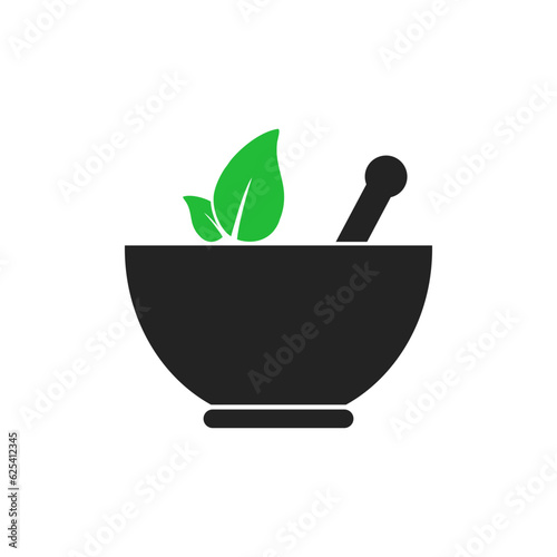 Mortar and Pestle Icon. With Pharmacy and Green Leaves Symbols. Editable Flat Vector Illustration.