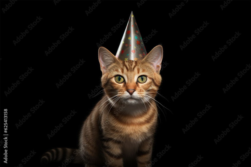 cute cat wearing a birthday hat