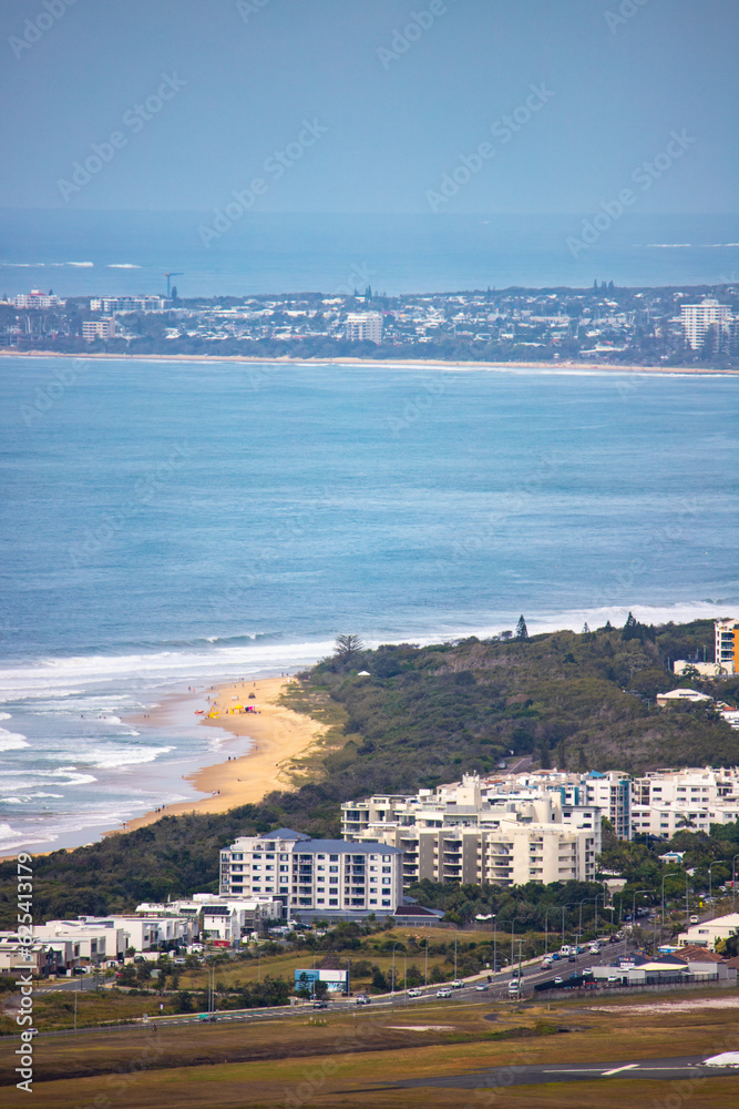 panorama of sunshine coast and coolum beach as seen from the top of mount coolum; aerial view of the coast of south east queensland, australia	