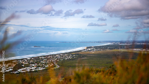 panorama of sunshine coast and coolum beach as seen from the top of mount coolum; aerial view of the coast of south east queensland, australia 