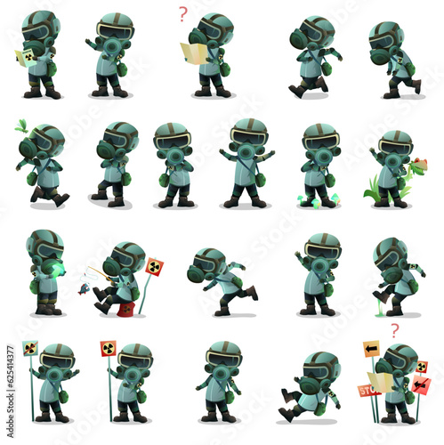 Radiation set. Different situations in radioactive. Funny cartoon style. object isolated on white background. Vector