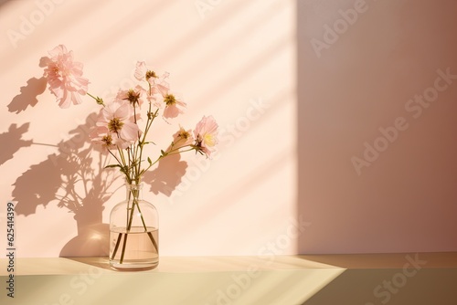 At sunrise  there are gentle  blurry shadow patterns of real flowers on a pastel pink wall in my home. The overall aesthetic is minimalist and centered around organic cosmetics.