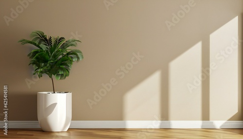 Spring sunlight in Wooden branch of Plant in Pot with shadow on tile wall, wood table, copy space.