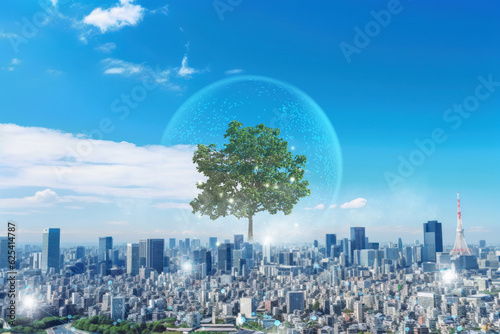 Urban landscape and big tree, ESG image, Generative AI