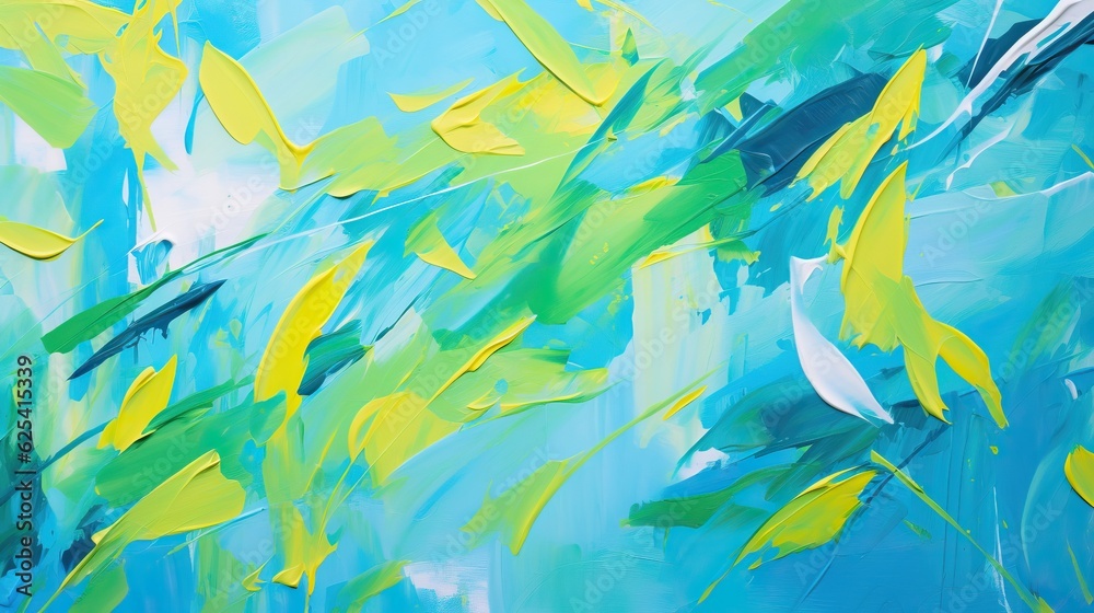 Abstract expressionist style with canvas and paint strokes early morning, bright blue sky, vibrant green leaves.