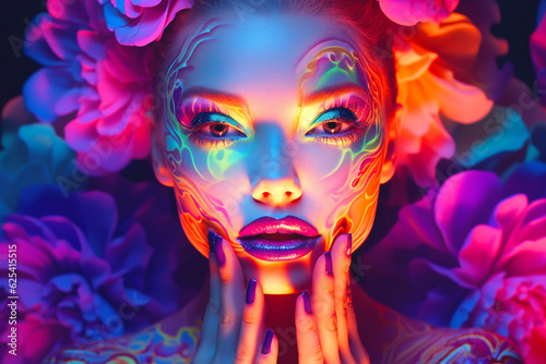  Fashion model woman face with fantasy art make-up. Bold makeup  glance Fashion art portrait  incorporating neon colors. Advertising design for cosmetics  beauty salon. Generative Ai content.
