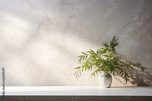 This stucco wall texture background features a marble table with leaves shadow, making it a perfect backdrop for product presentations, displays, and mock ups.