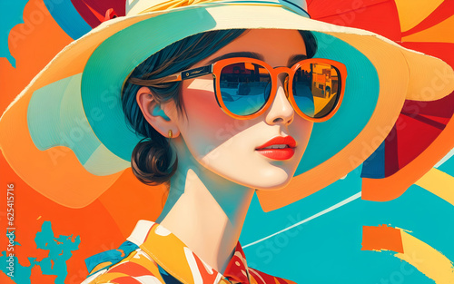 portrait of a girl with sunglasses vintage color posterize pattern backgrounds, generative ai