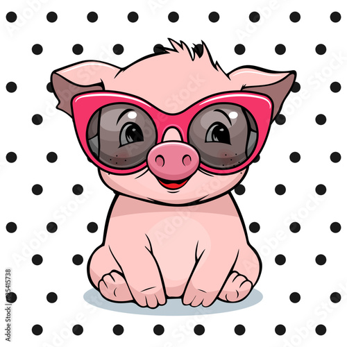 Cute cool baby pig in sunglasses on white background. Vector illustration.