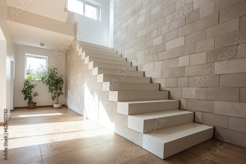 The interior decoration of a home construction site includes the installation of stairs and the use of gypsum board walls. These elements provide an opportunity for adding text or messages with the