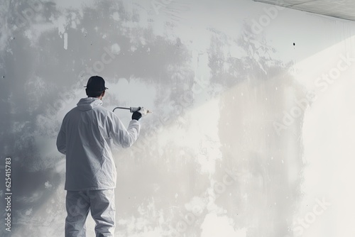 The artist uses a gray paint roller to coat the exterior wall of the building, performing tasks related to the facade and specifically applying paint to the plaster surface.