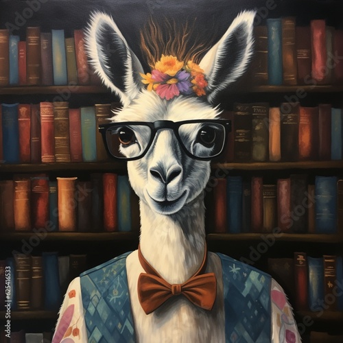 A portrait of an intelligent llama in a library, illustration created by Generative AI