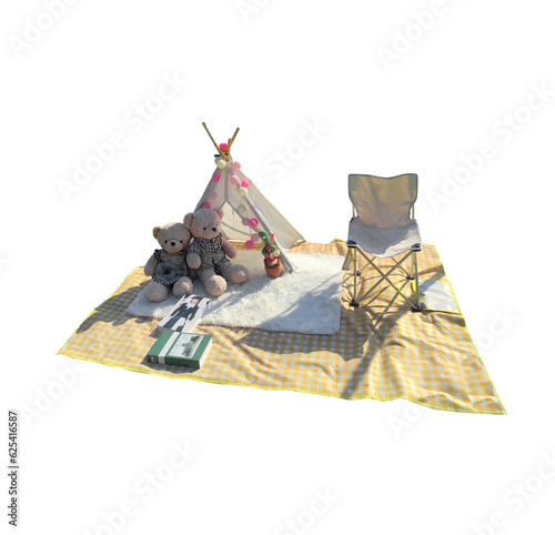 The layout is cute with a small tent, teddy bear and a camping chair placed on a yellow and white plaid mat on a clearly separated white background with lines for easy cutting.