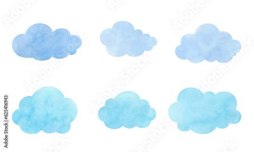 Watercolor illustration of a set of blue clouds with a gradient isolated on a white background. Hand-drawn. An element for design and decoration. The texture of watercolor on paper.
