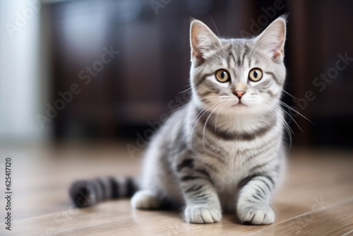 A lovely gray tabby cat is sitting in the living room of a cozy home, providing a perfect backdrop for text. This adorable pet adds charm and warmth to the space.
