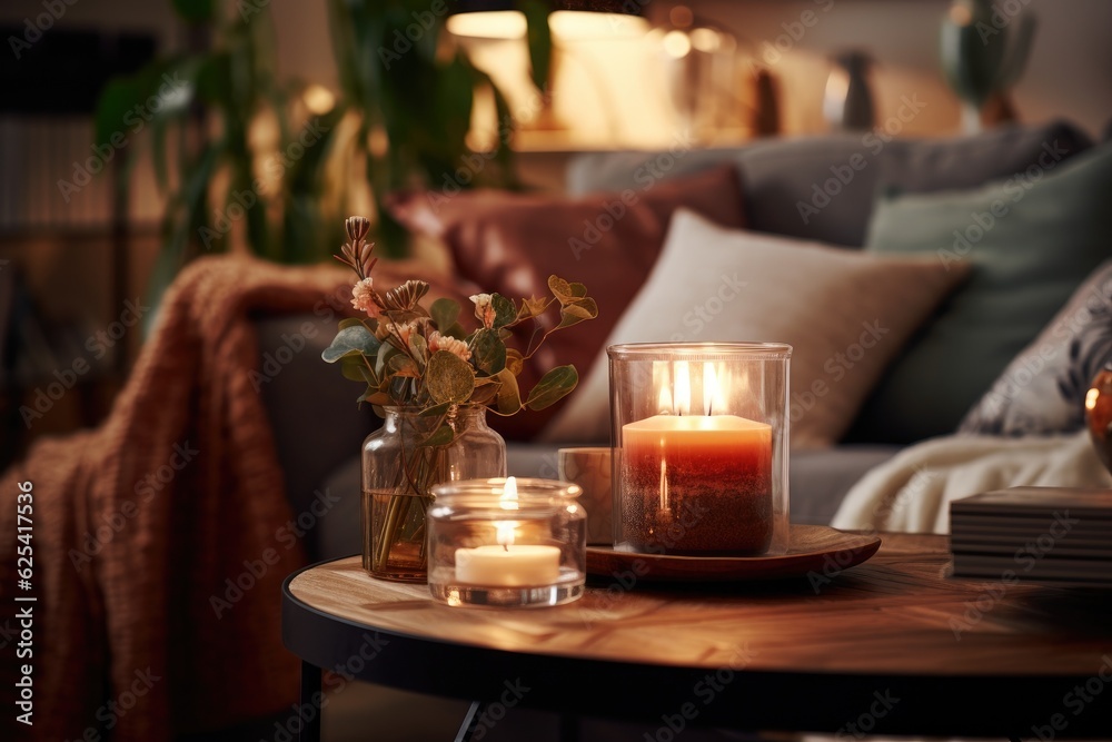 A closeup image of stylish living room interior showcasing candles burning on a table.