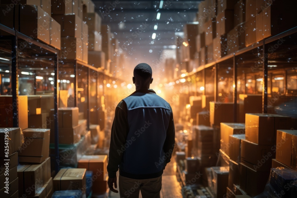 Fototapeta premium A large warehouse with rows of multiple stacks of boxes and merchandise, forklift loads pallets and boxes in warehouse. Generative AI