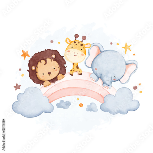 Photography Watercolor illustration cute safari animals with rainbow and stars