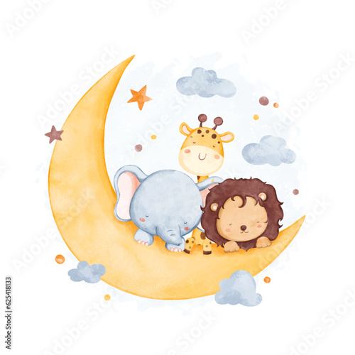 Watercolor illustration cute safari animals sleep on moon with stars and cloud