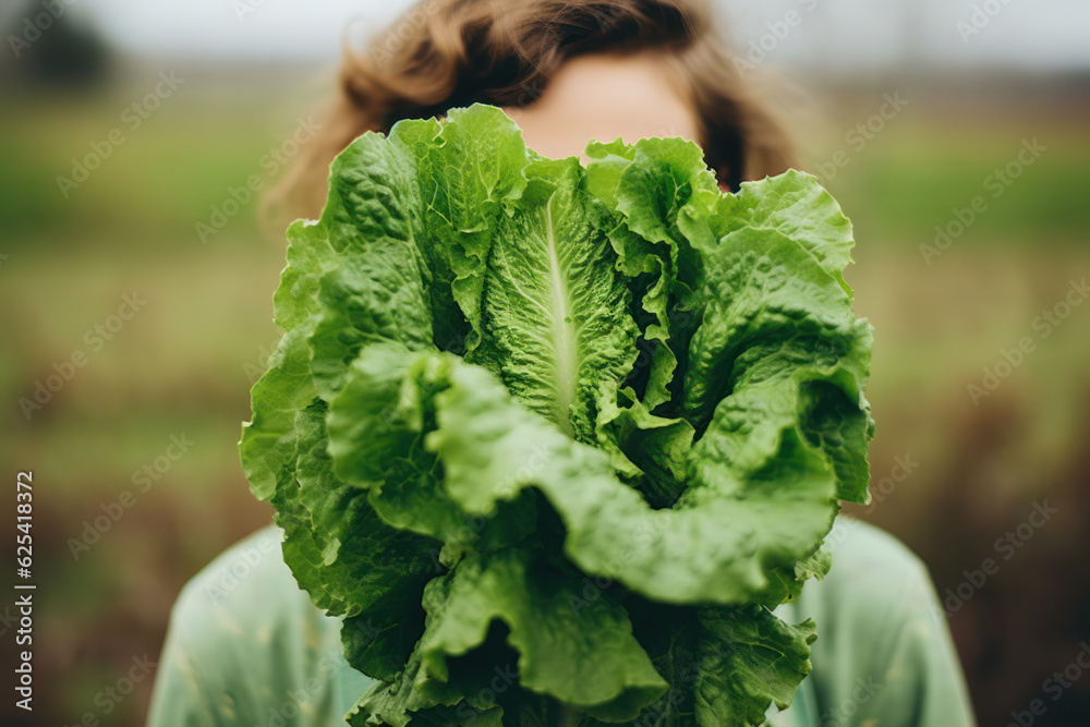 Portrait of woman with face hidden by lettuce .