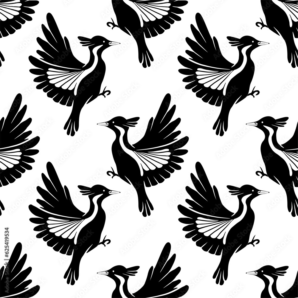 Fototapeta premium Seamless vector pattern of flying woodpeckers silhouettes. Surface design. Texture with black stylized bird on white background.