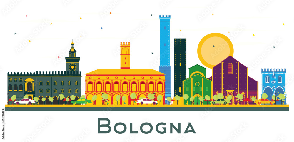 Bologna Italy City Skyline with Color Buildings Isolated on White.