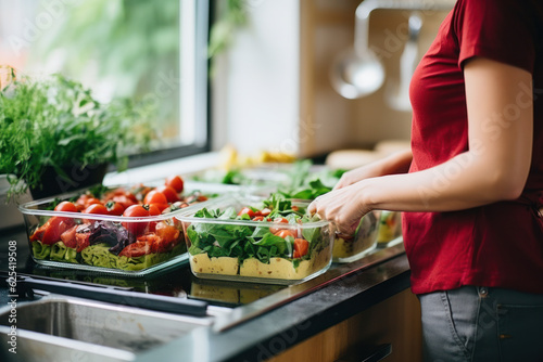 A person doing meal prep with containers filled with healthy food for the week.