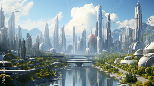 3D cityscape with futuristic skyscrapers and flying vehicles