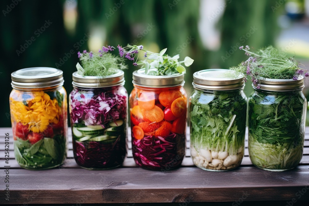 Preserving jars with various salads. Preserving jars with various salads.