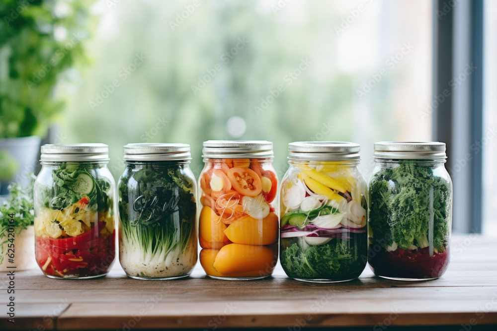 Preserving jars with various salads. Preserving jars with various salads.