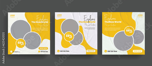 Travel and tourism social media banner post template design with brush stroke paper layout   abstract background for travelling business agency marketing. Social media advertisement promotional