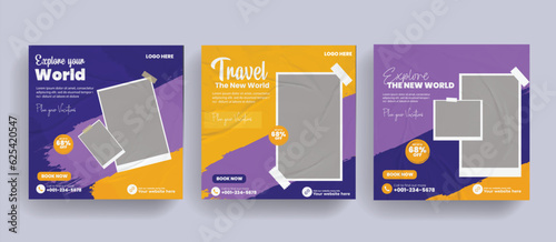 Travel agency company social media banner template in blue color. Travelling business offer promotion post design with with brush stroke layout. Online digital marketing flyer for summer holiday