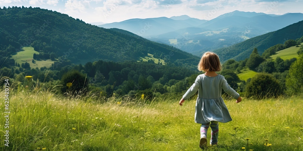 Happy beautiful young girl in meadow relaxing in nature. Cute child enjoying summer outdoors landscape